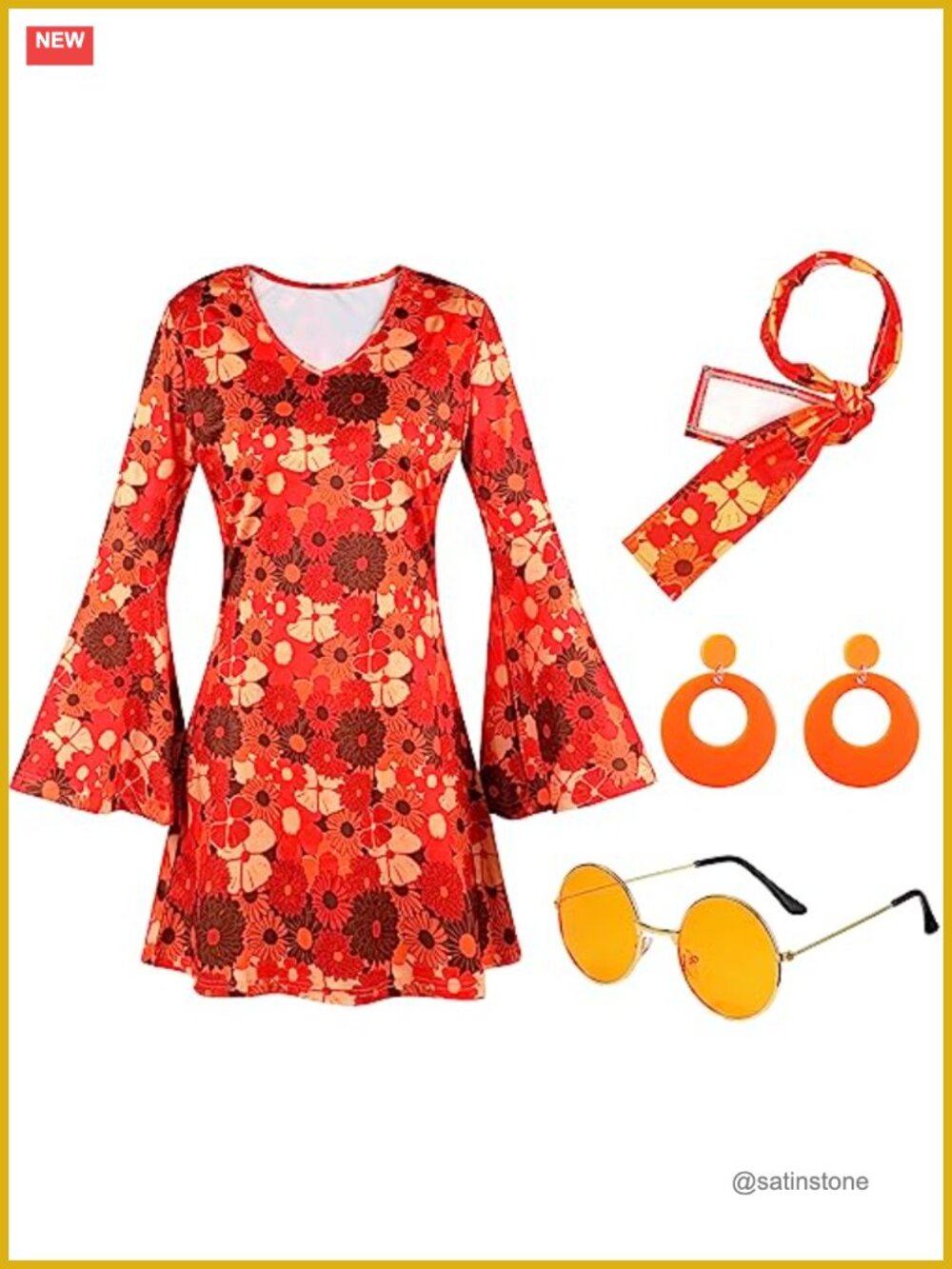 Hippie Disco Costume Set Dress Headband Earrings Sunglasses Retro Party